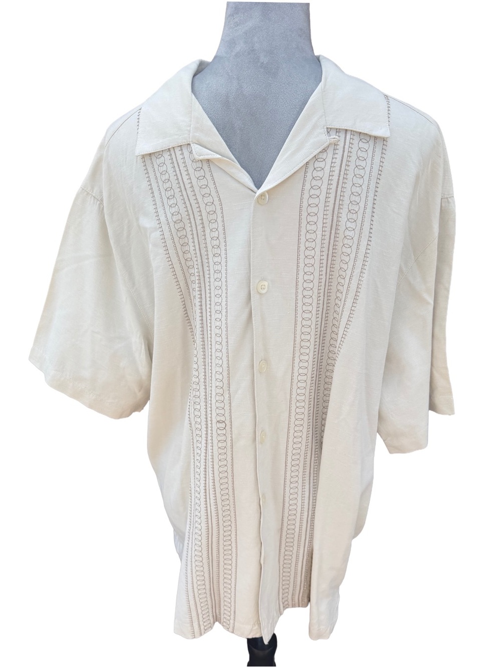 Pronto Uomo 100% Silk Shirt Men L Embroidered Guayabera Camp Cream Resort Vtg
